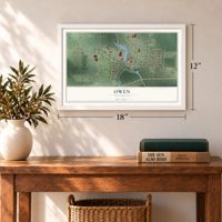 Owen, Wisconsin map, 12 x 18 inch print in a white frame in an entryway