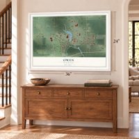 Owen, Wisconsin map, 24 x 36 inch print in a white frame above a dresser by a staircase