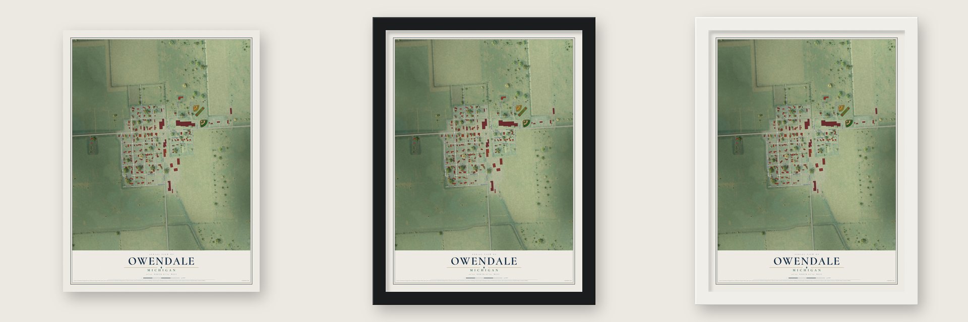 Owendale, Michigan map unframed, in a black wood frame and in a white wood frame