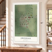 Owendale, Michigan map, 24 x 36 inch print in a white frame by a staircase