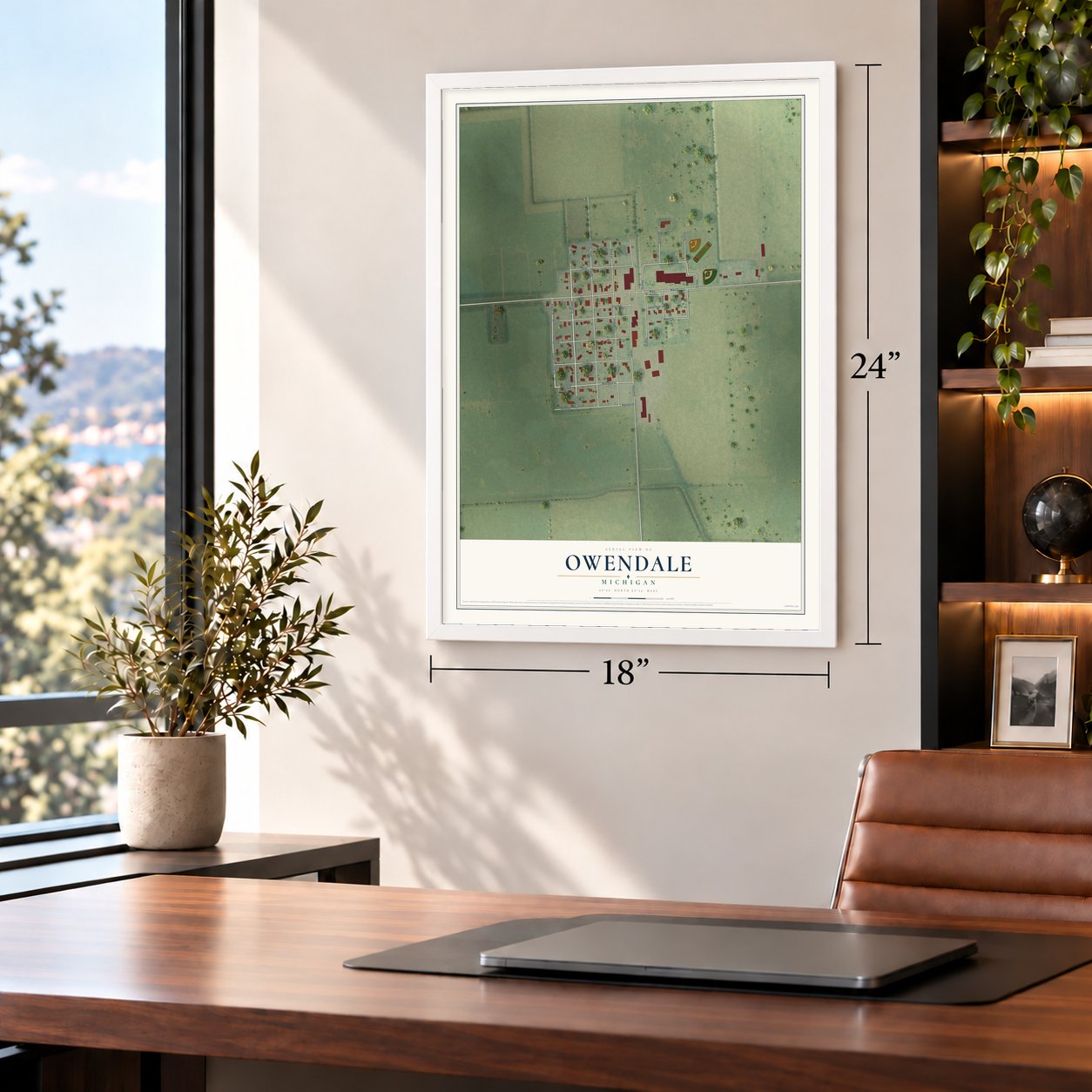 Owendale, Michigan map, 18 x 24 inch print in a white frame in a home office