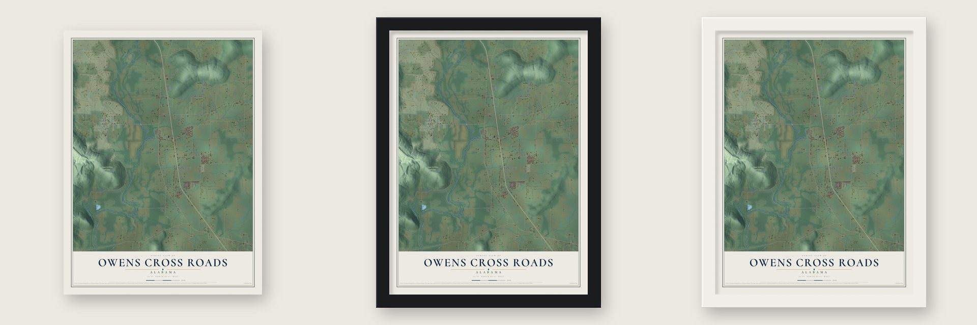 Owens Cross Roads, Alabama map unframed, in a black wood frame and in a white wood frame