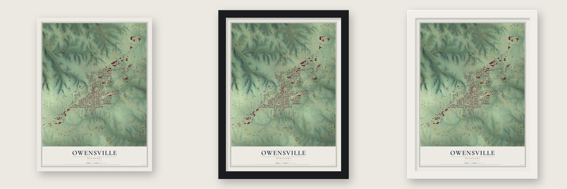 Owensville, Missouri map unframed, in a black wood frame and in a white wood frame
