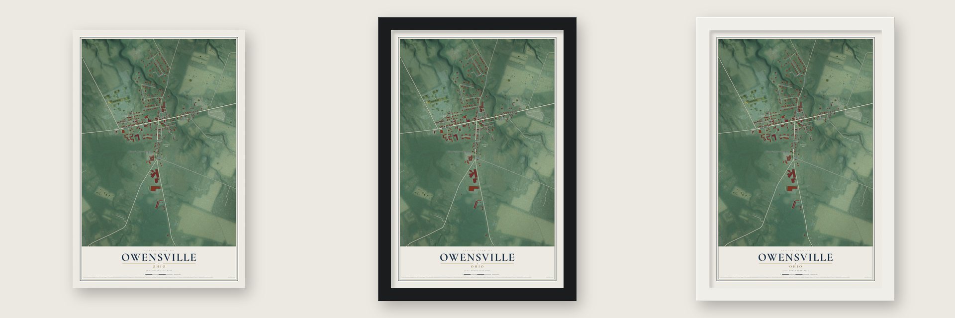 Owensville, Ohio map unframed, in a black wood frame and in a white wood frame