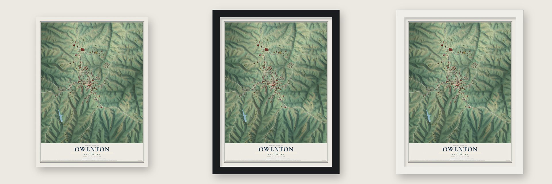 Owenton, Kentucky map unframed, in a black wood frame and in a white wood frame