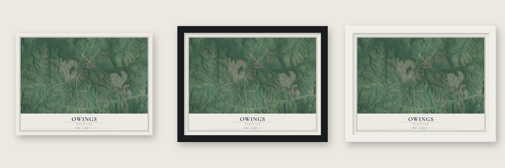 Owings, Maryland map unframed, in a black wood frame and in a white wood frame