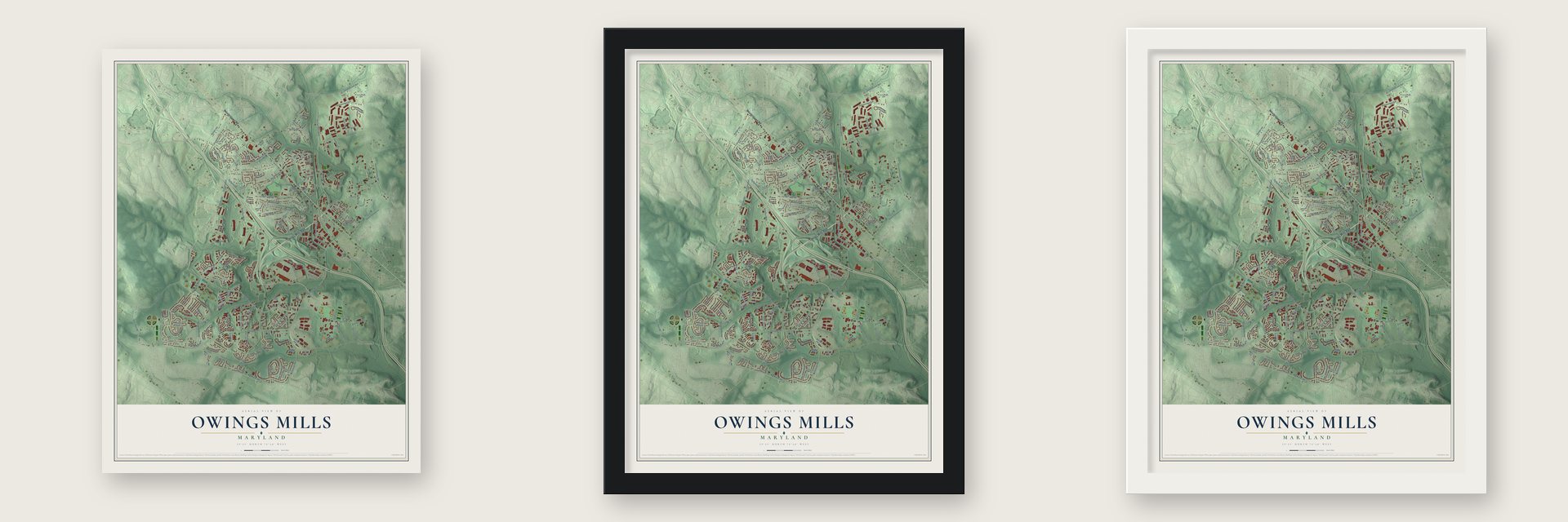 Owings Mills, Maryland map unframed, in a black wood frame and in a white wood frame