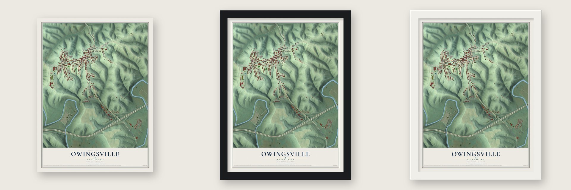 Owingsville, Kentucky map unframed, in a black wood frame and in a white wood frame