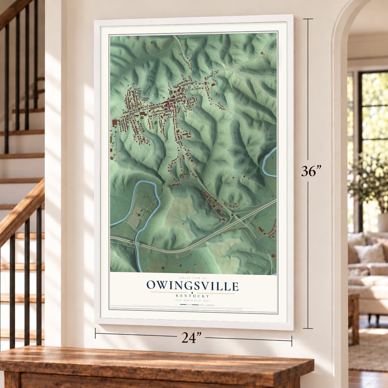 Owingsville, Kentucky map, 24 x 36 inch print in a white frame by a staircase