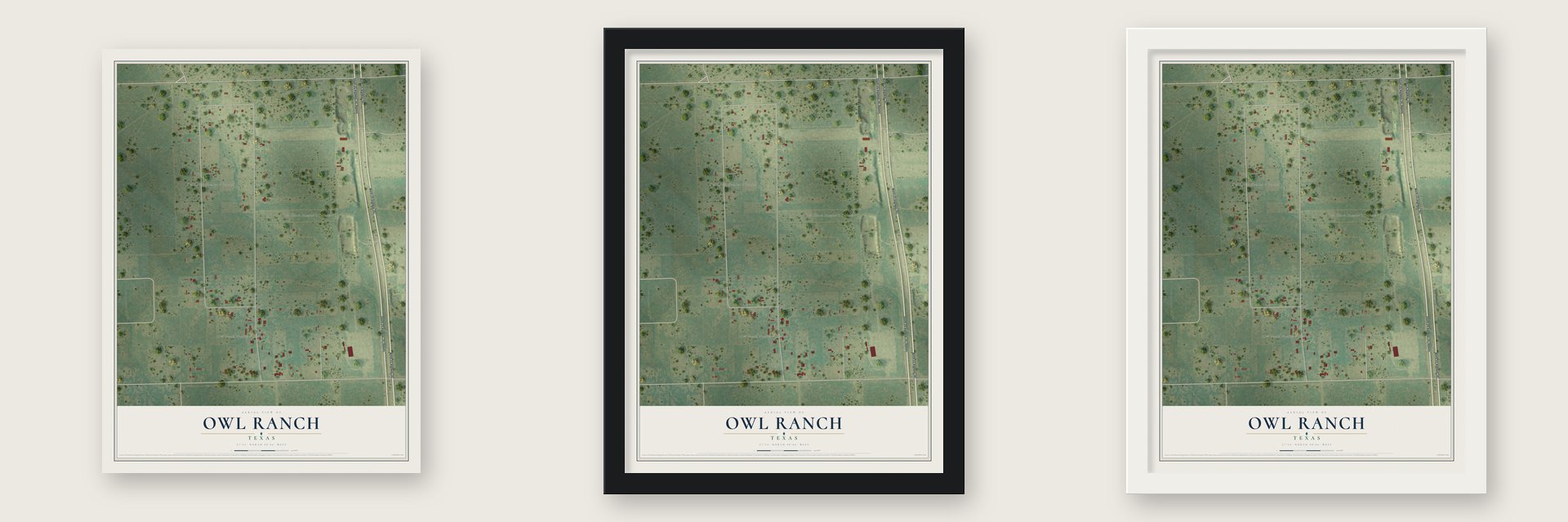 Owl Ranch, Texas map unframed, in a black wood frame and in a white wood frame