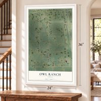 Owl Ranch, Texas map, 24 x 36 inch print in a white frame by a staircase