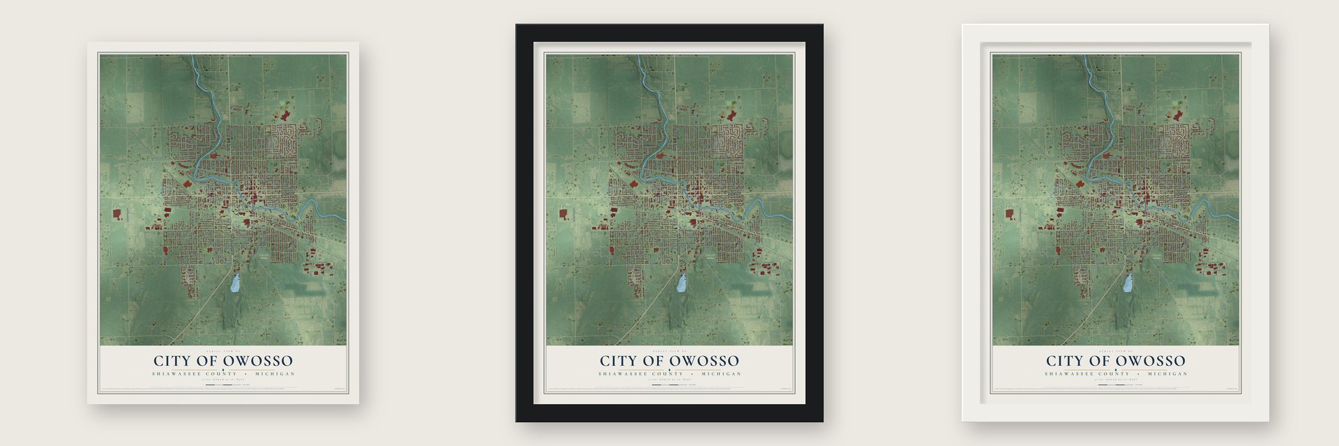 Owosso, Michigan map unframed, in a black wood frame and in a white wood frame