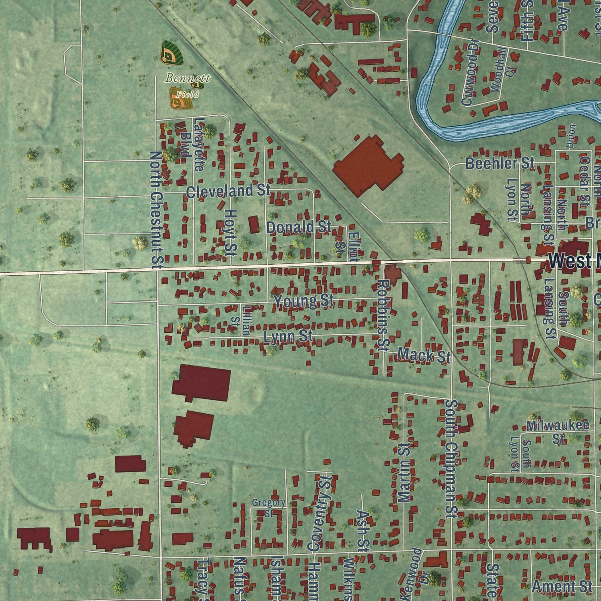 Second close-up of the map of Owosso, Michigan print showing more streets and buildings