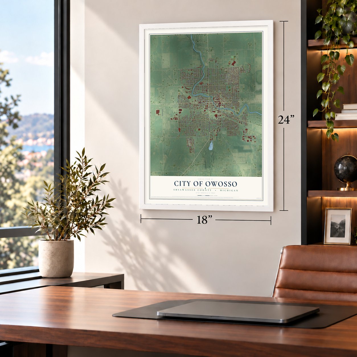 Owosso, Michigan map, 18 x 24 inch print in a white frame in a home office