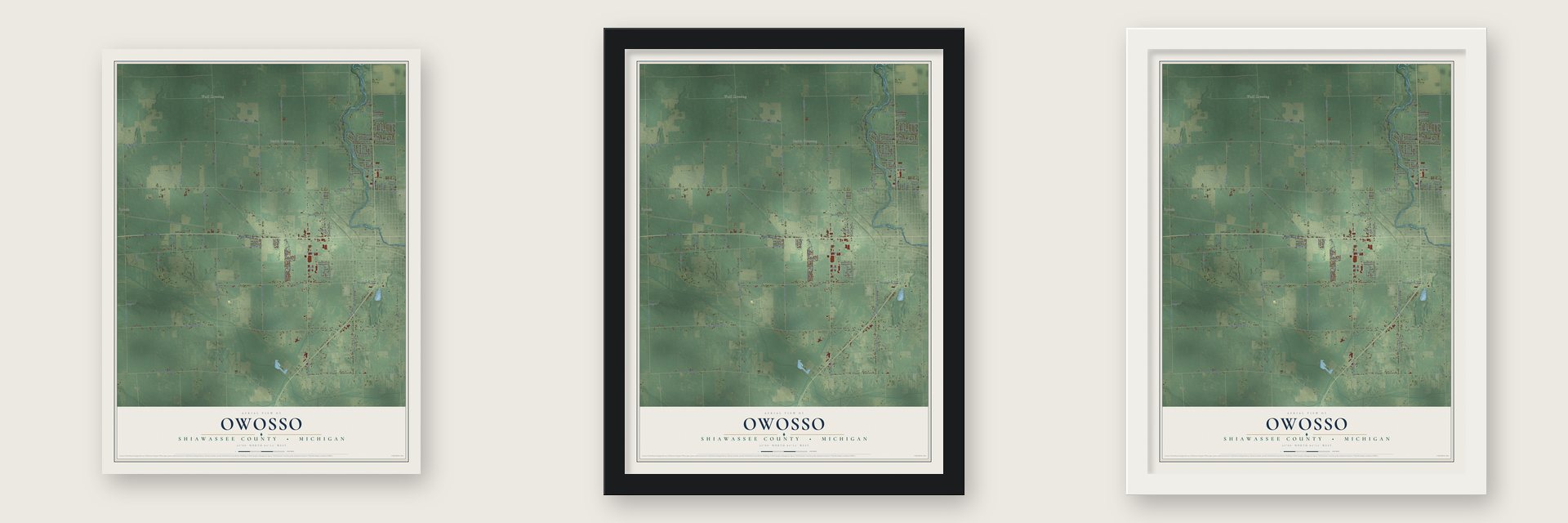 Owosso, Shiawassee County, Michigan map unframed, in a black wood frame and in a white wood frame