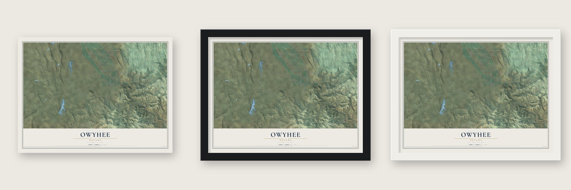 Owyhee, Nevada map unframed, in a black wood frame and in a white wood frame