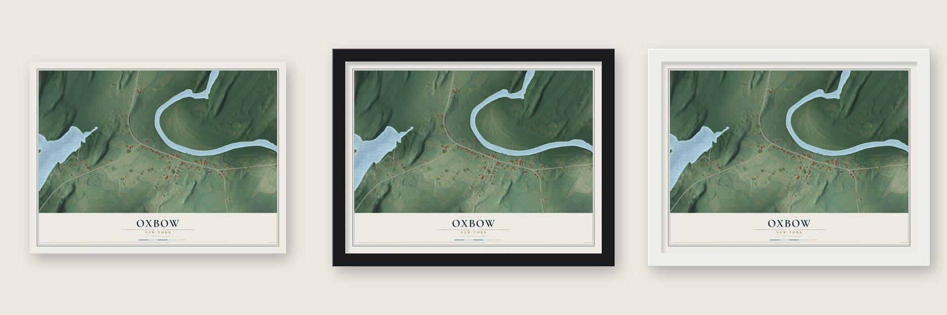 Oxbow, New York map unframed, in a black wood frame and in a white wood frame