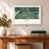 Oxbow, New York map, 12 x 18 inch print in a white frame in an entryway