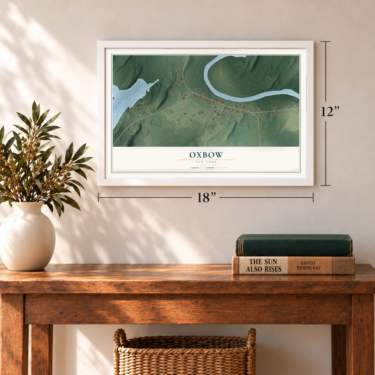Oxbow, New York map, 12 x 18 inch print in a white frame in an entryway