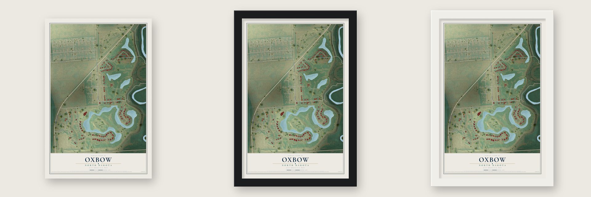 Oxbow, North Dakota map unframed, in a black wood frame and in a white wood frame