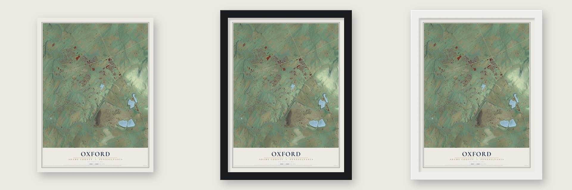 Oxford, Adams County, Pennsylvania map unframed, in a black wood frame and in a white wood frame