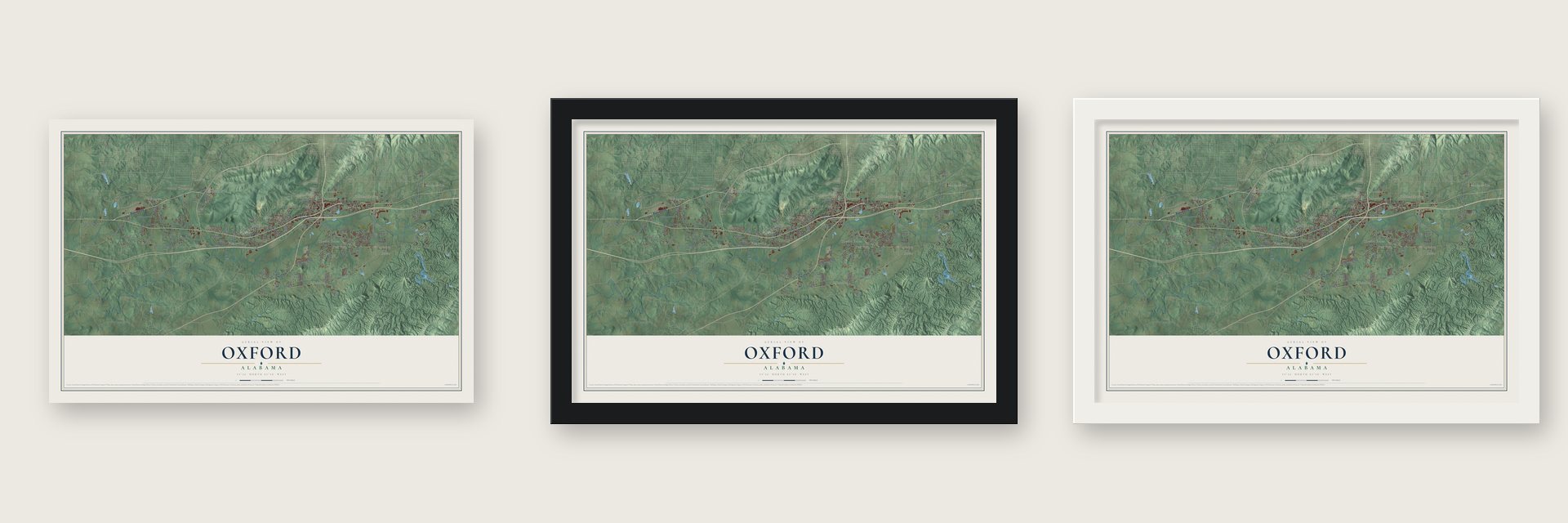 Oxford, Alabama map unframed, in a black wood frame and in a white wood frame