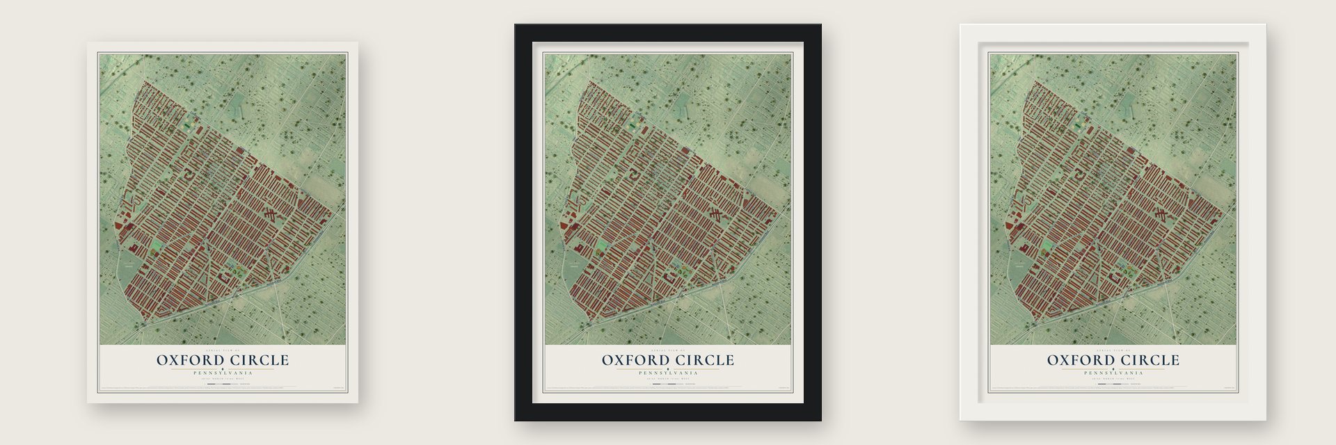 Oxford Circle, Pennsylvania map unframed, in a black wood frame and in a white wood frame