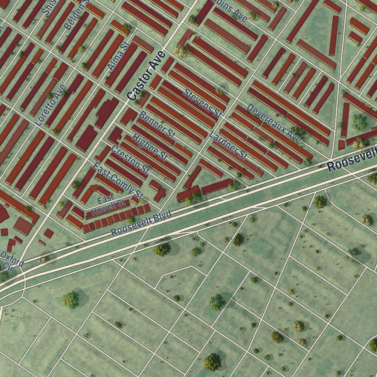 Second close-up of the map of Oxford Circle, Pennsylvania print showing more streets and buildings