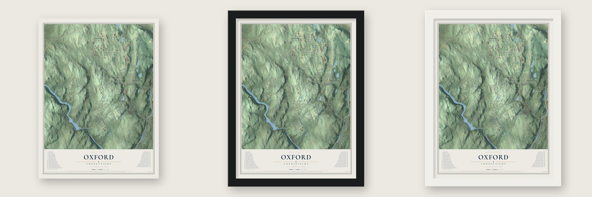 Oxford, Connecticut map unframed, in a black wood frame and in a white wood frame