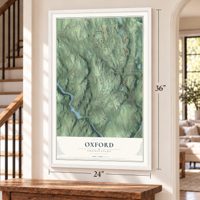Oxford, Connecticut map, 24 x 36 inch print in a white frame by a staircase