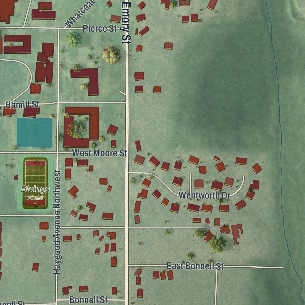 Second close-up of the map of Oxford, Georgia print showing more streets and buildings