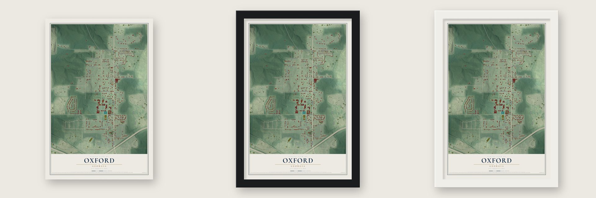 Oxford, Georgia map unframed, in a black wood frame and in a white wood frame