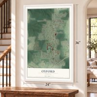 Oxford, Georgia map, 24 x 36 inch print in a white frame by a staircase