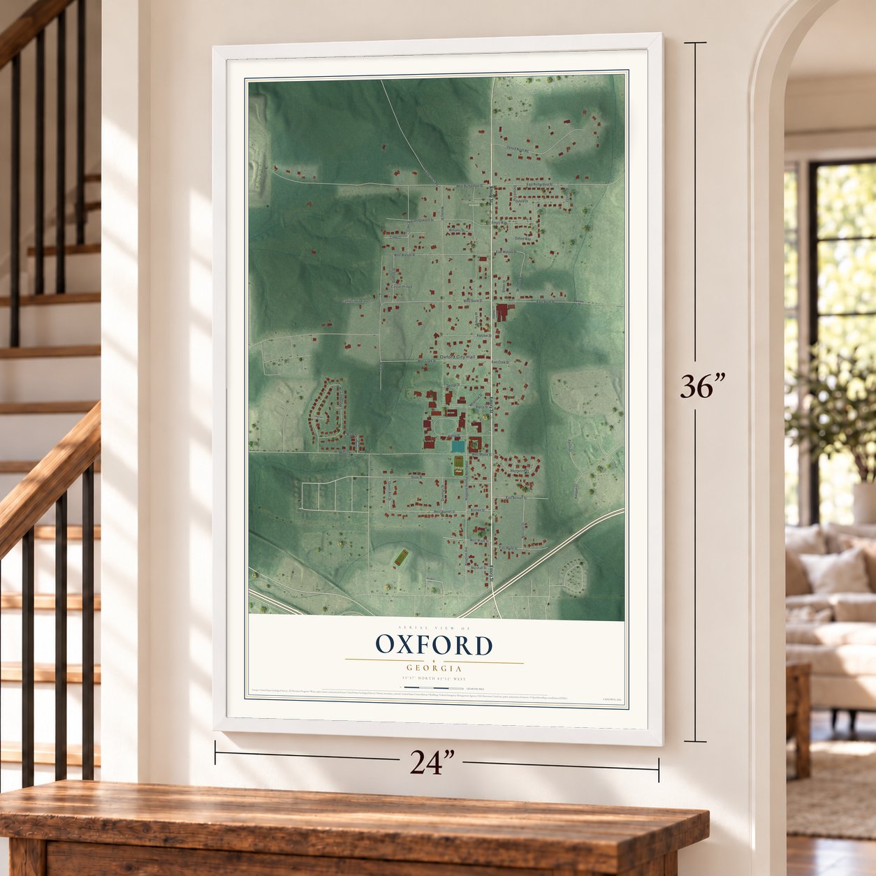Oxford, Georgia map, 24 x 36 inch print in a white frame by a staircase