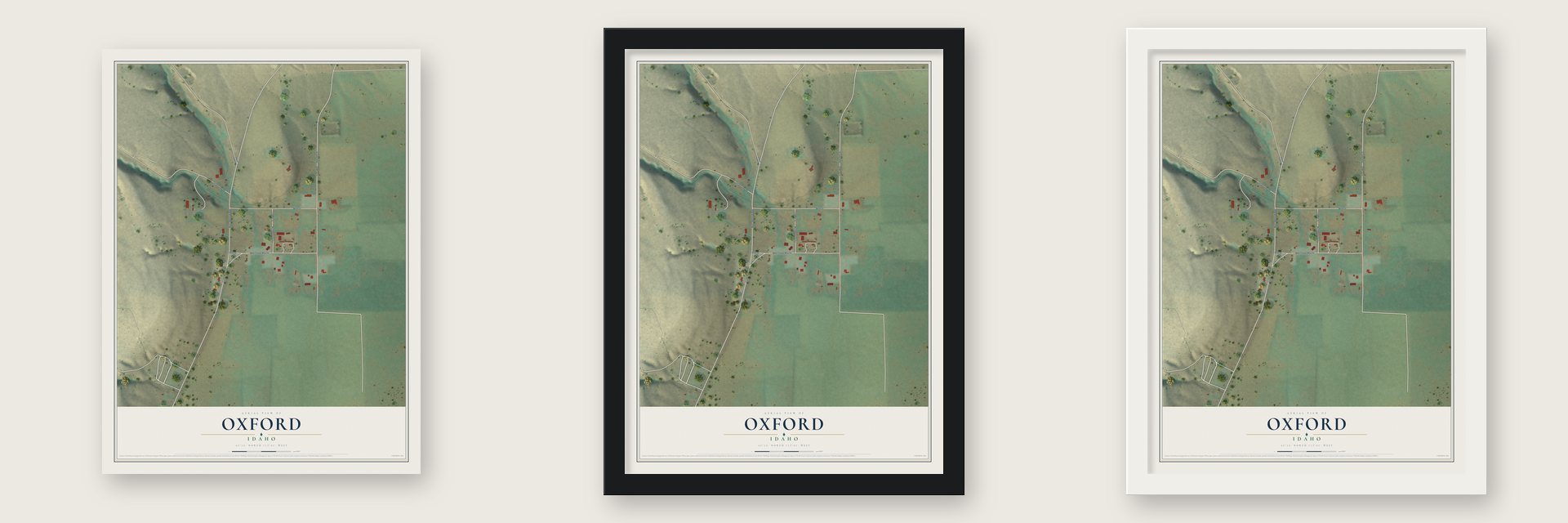 Oxford, Idaho map unframed, in a black wood frame and in a white wood frame