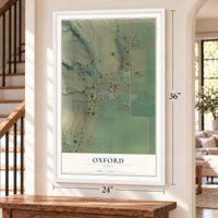 Oxford, Idaho map, 24 x 36 inch print in a white frame by a staircase