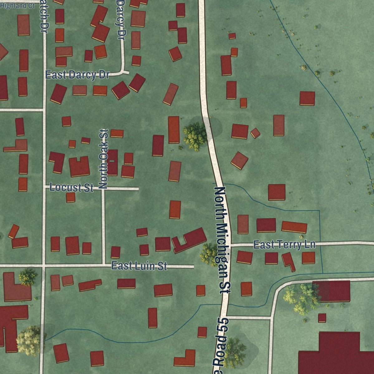 Second close-up of the map of Oxford, Indiana print showing more streets and buildings