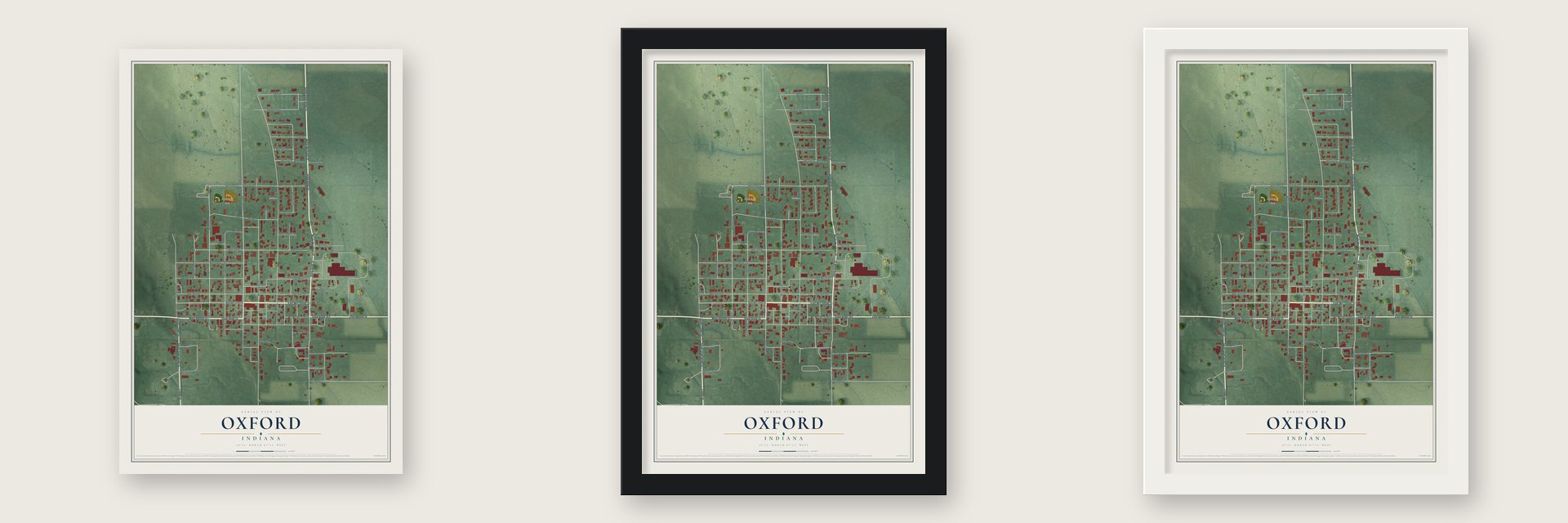 Oxford, Indiana map unframed, in a black wood frame and in a white wood frame