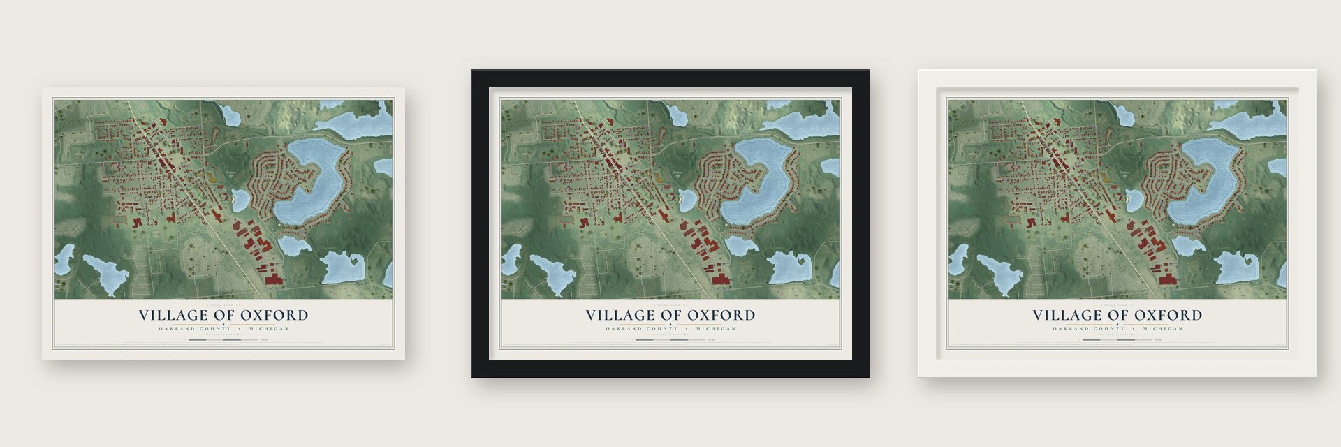 Oxford, Michigan map unframed, in a black wood frame and in a white wood frame