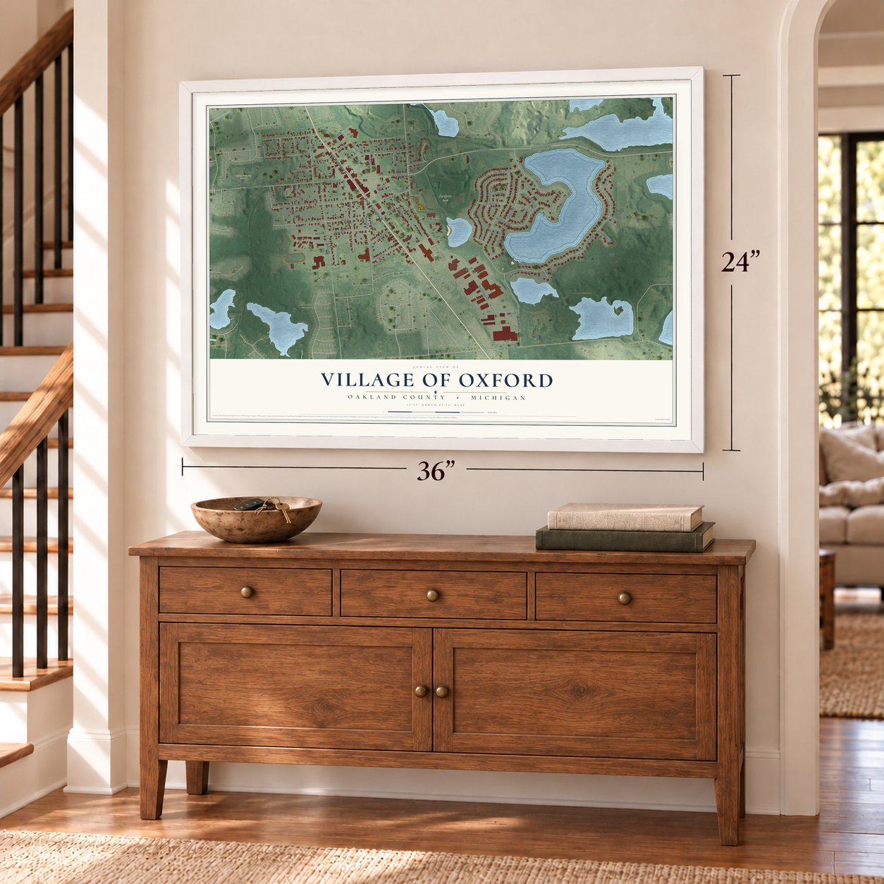 Oxford, Michigan map, 24 x 36 inch print in a white frame above a dresser by a staircase