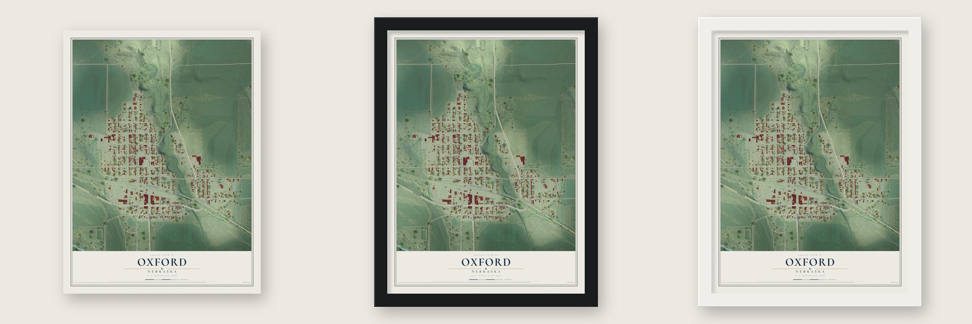 Oxford, Nebraska map unframed, in a black wood frame and in a white wood frame