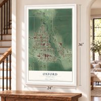 Oxford, Nebraska map, 24 x 36 inch print in a white frame by a staircase