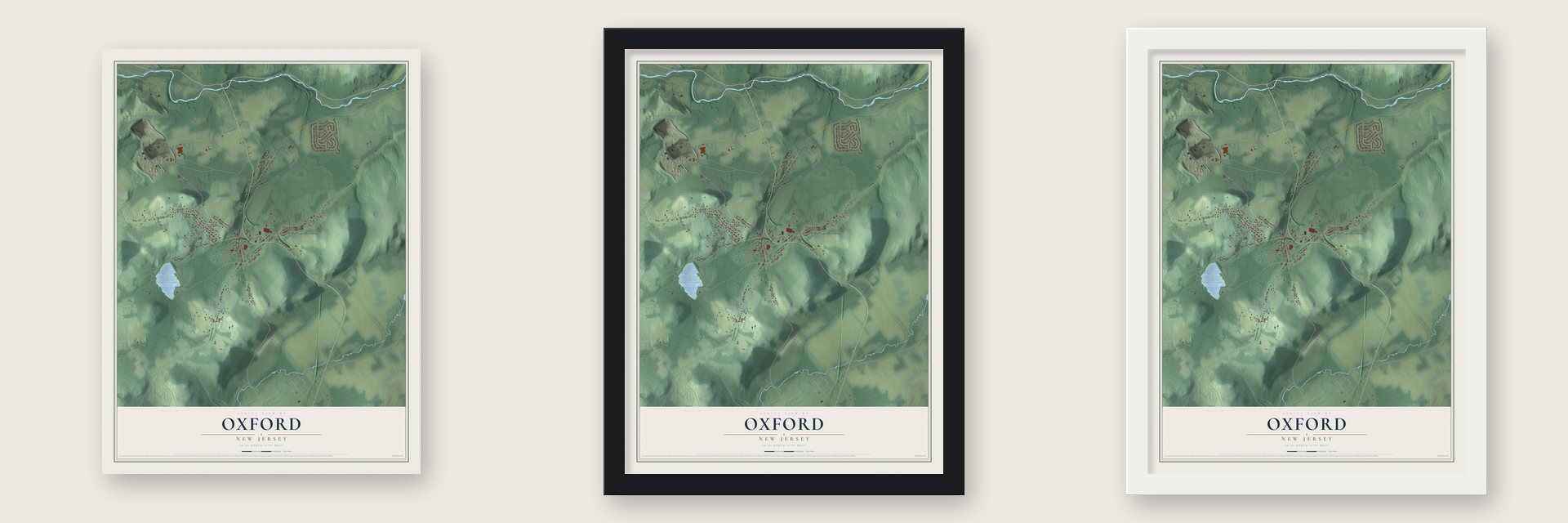 Oxford, New Jersey map unframed, in a black wood frame and in a white wood frame