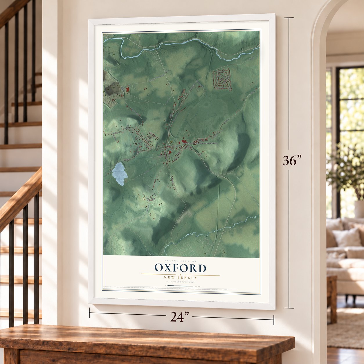 Oxford, New Jersey map, 24 x 36 inch print in a white frame by a staircase