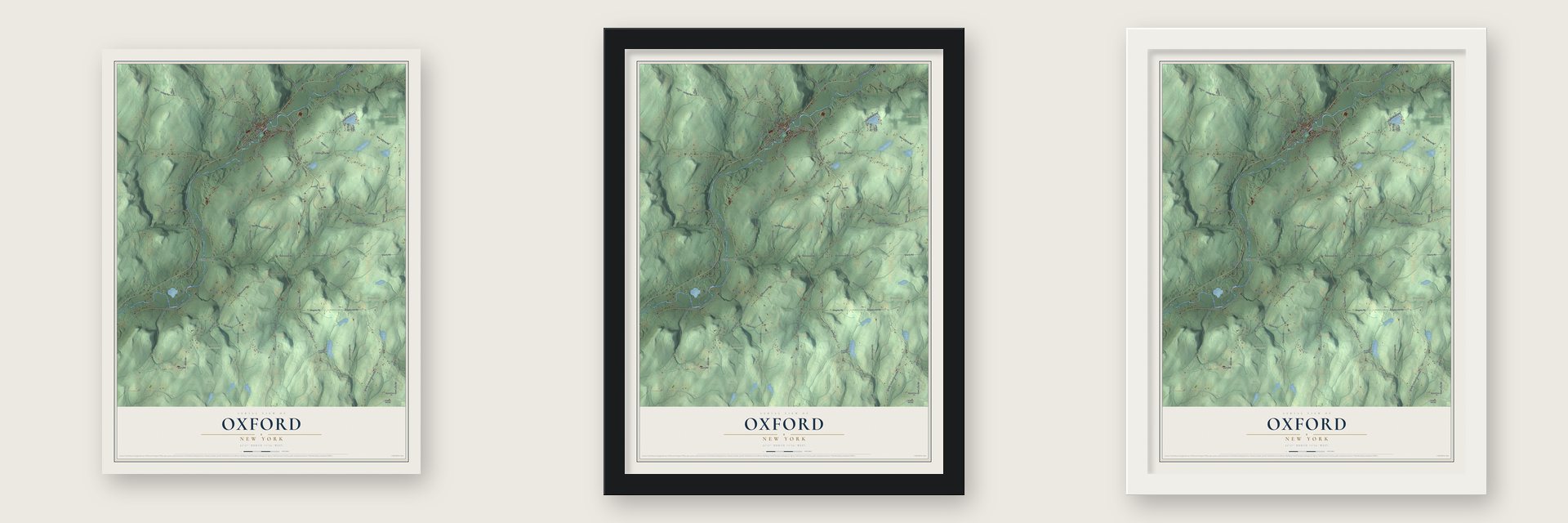 Oxford, New York map unframed, in a black wood frame and in a white wood frame