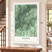 Oxford, New York map, 24 x 36 inch print in a white frame by a staircase