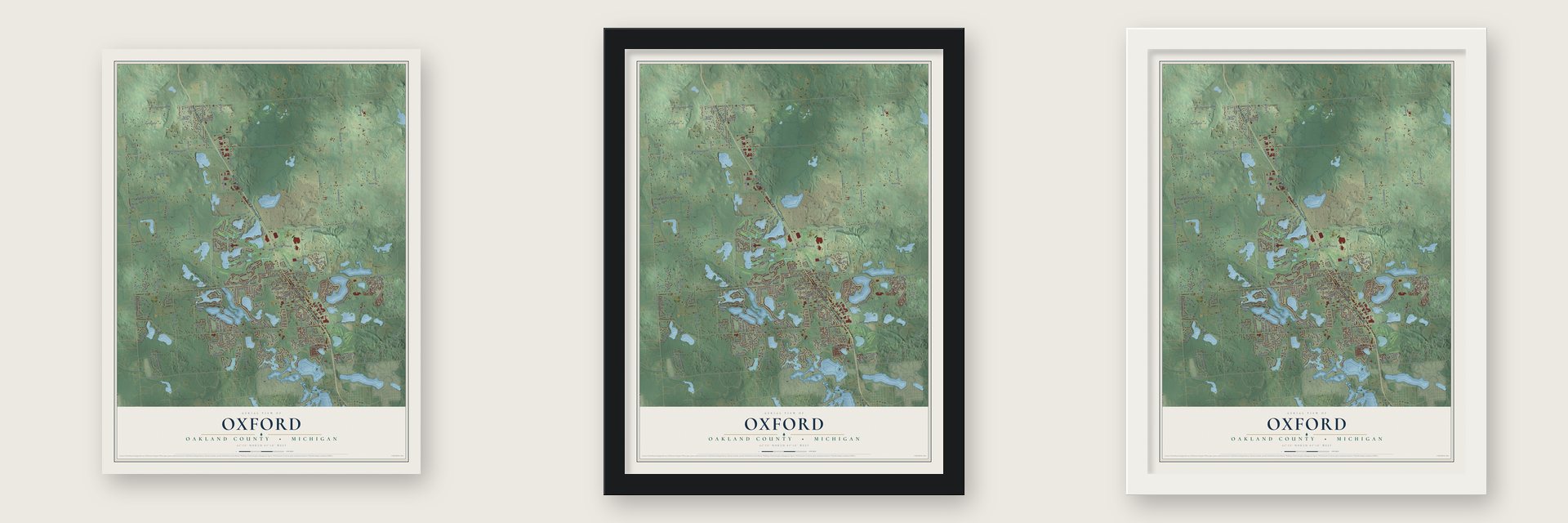 Oxford, Oakland County, Michigan map unframed, in a black wood frame and in a white wood frame