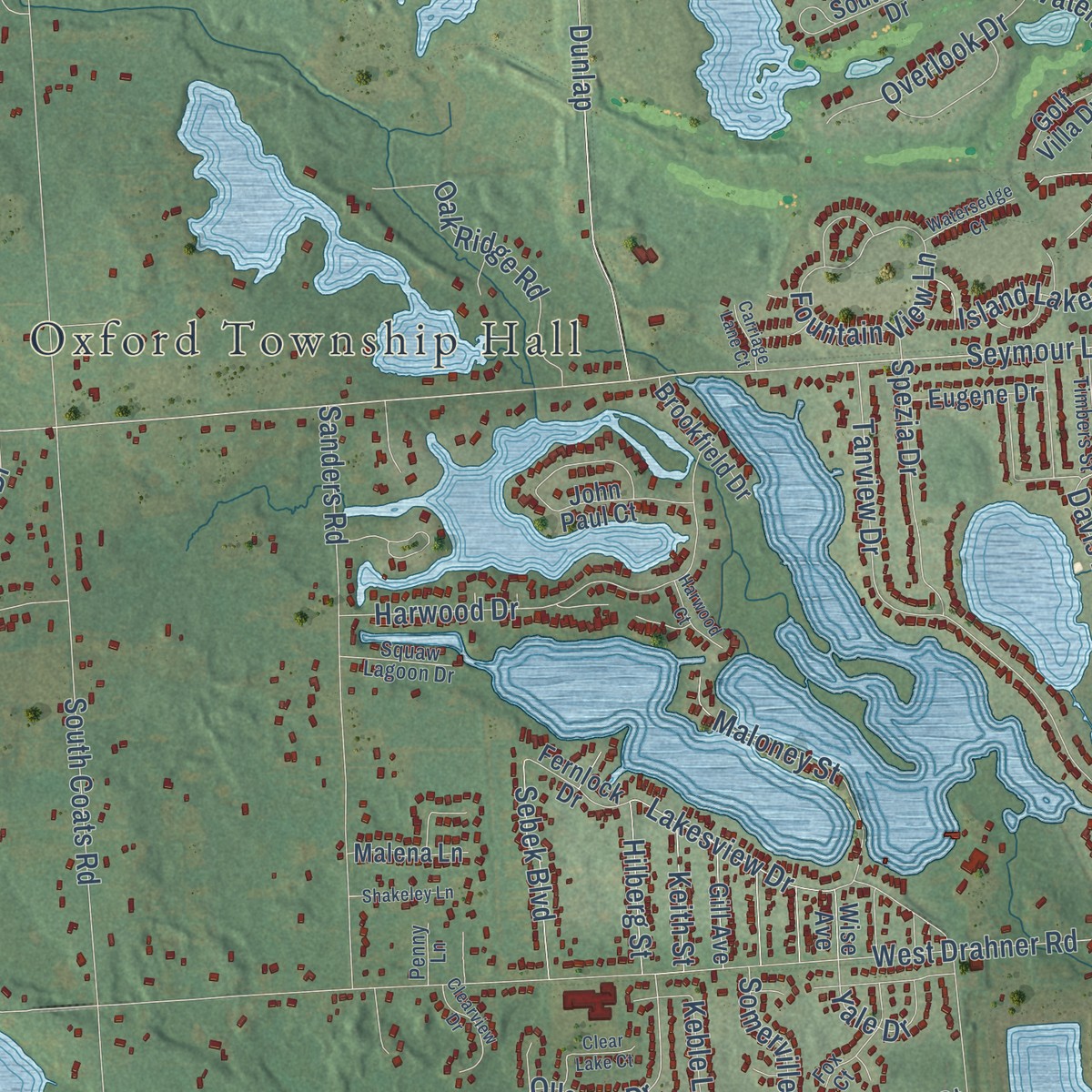 Second close-up of the map of Oxford, Oakland County, Michigan print showing more streets and buildings