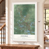 Oxford, Oakland County, Michigan map, 24 x 36 inch print in a white frame by a staircase
