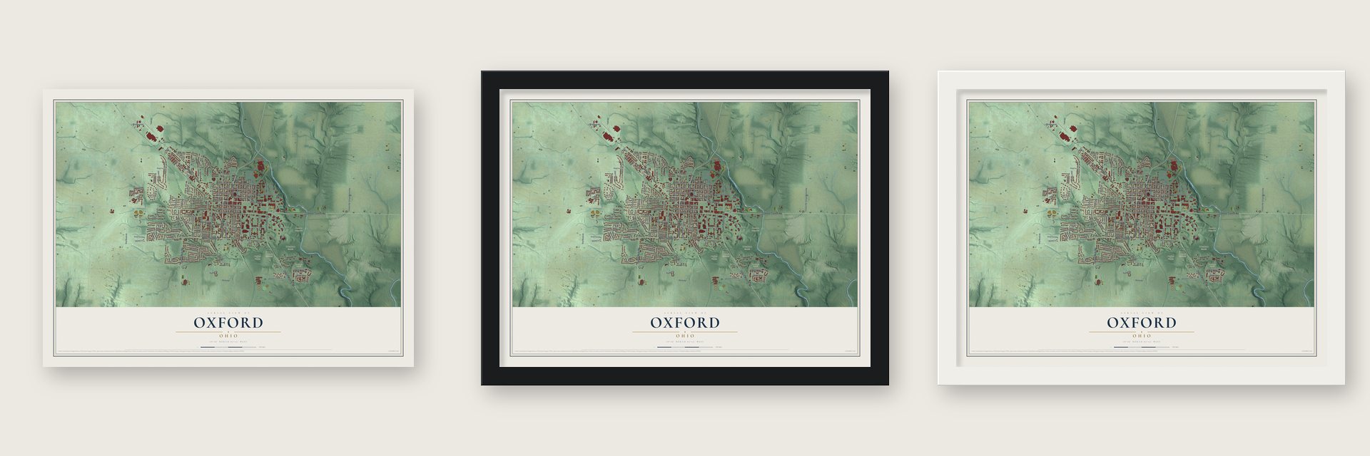 Oxford, Ohio map unframed, in a black wood frame and in a white wood frame